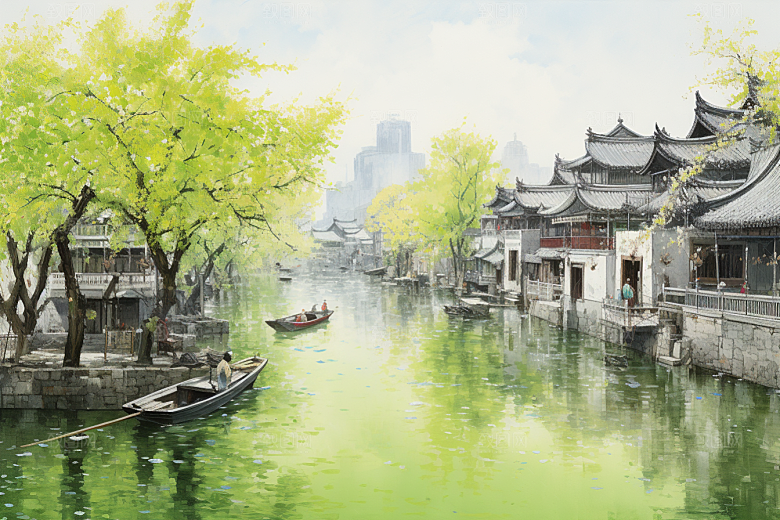水墨江南中国风小镇插画