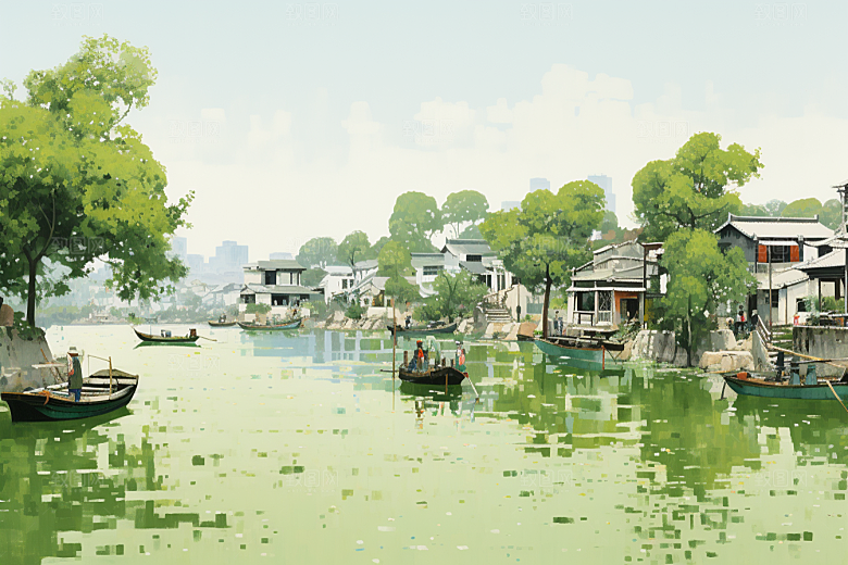 水墨江南水彩小镇插画