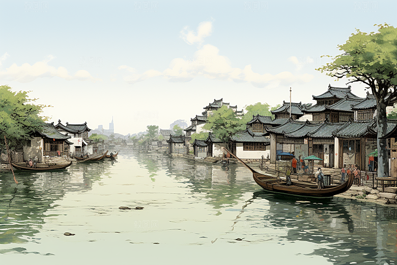 水墨江南小桥流水中式插画