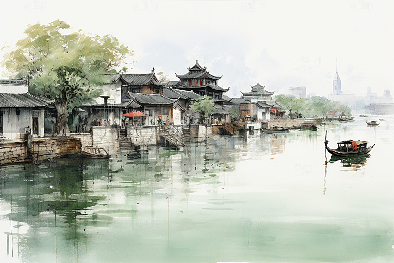 水墨江南小桥流水水彩插画