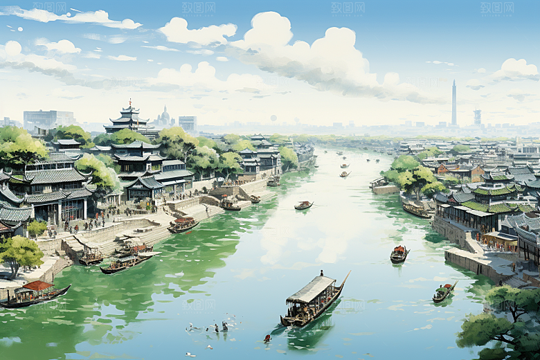 水墨江南粉墙黛瓦水彩插画