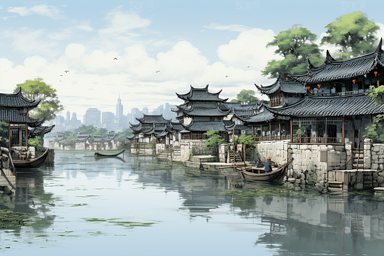 水墨江南小桥流水中式插画