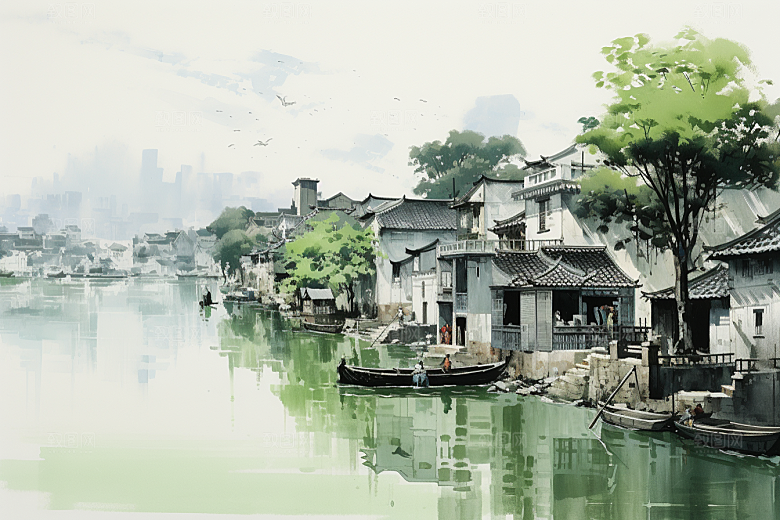 水墨江南小镇粉墙黛瓦插画