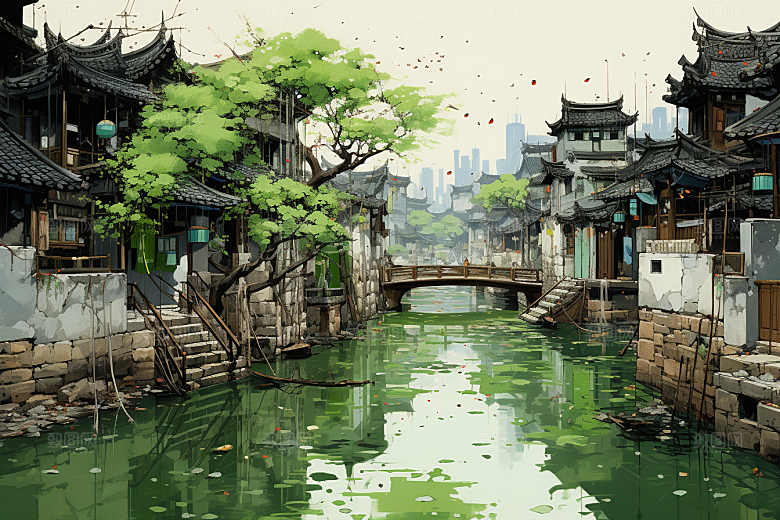 水墨江南小桥流水中式插画