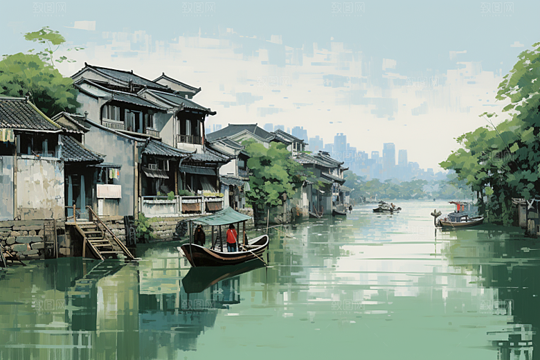 水墨江南中式小镇插画
