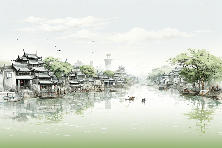 水墨江南中国风小镇插画