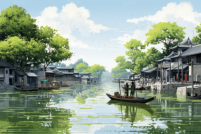 水墨江南手绘晕染插画