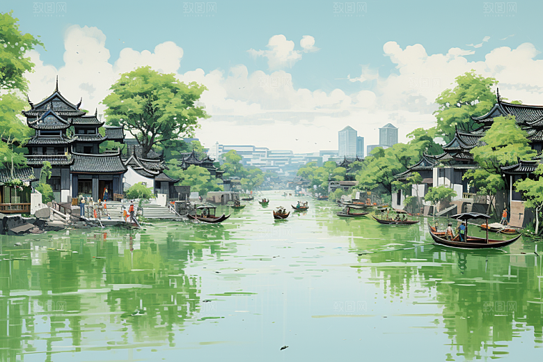 水墨江南晕染中国风插画