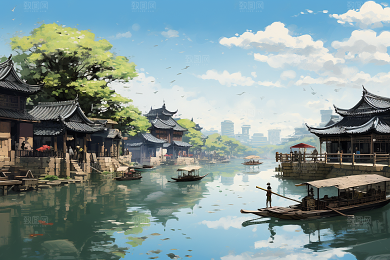 水墨江南粉墙黛瓦小桥流水插画