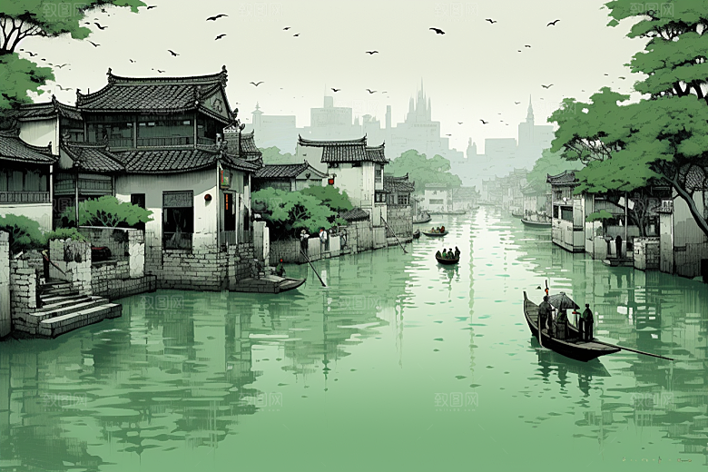 水墨江南中式粉墙黛瓦插画