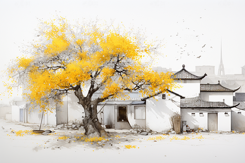 水墨江南中国风粉墙黛瓦插画