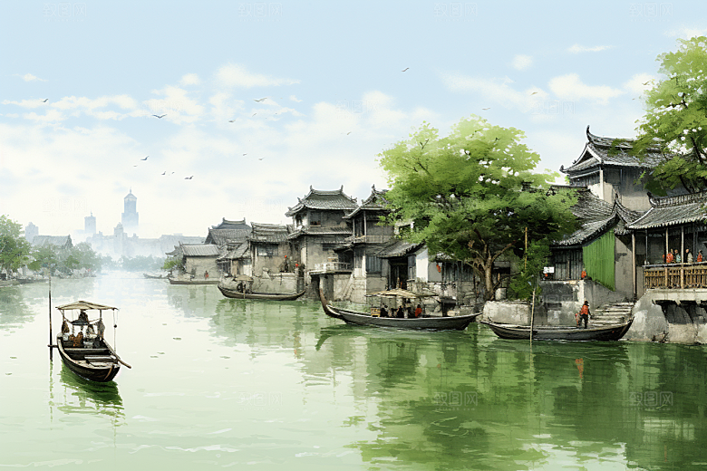 水墨江南小桥流水手绘插画