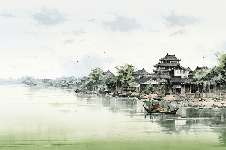 水墨江南晕染粉墙黛瓦插画