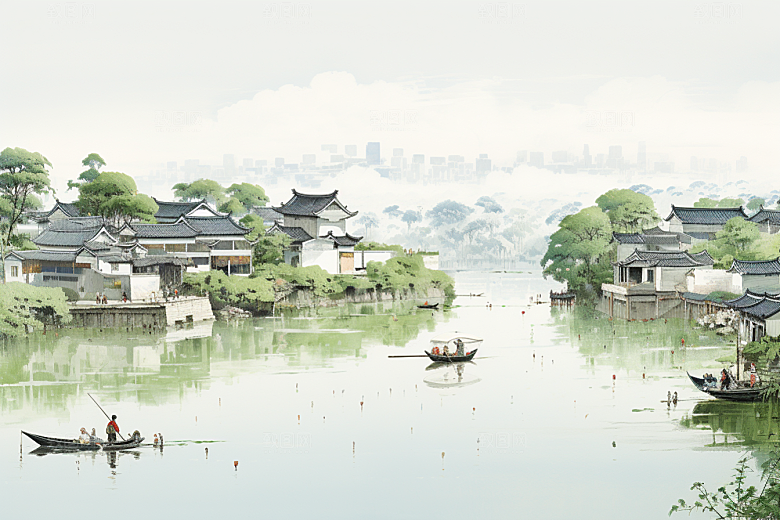 水墨江南手绘水彩插画
