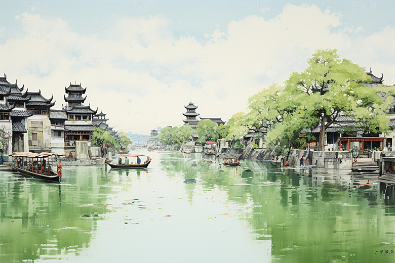 水墨江南晕染小镇插画