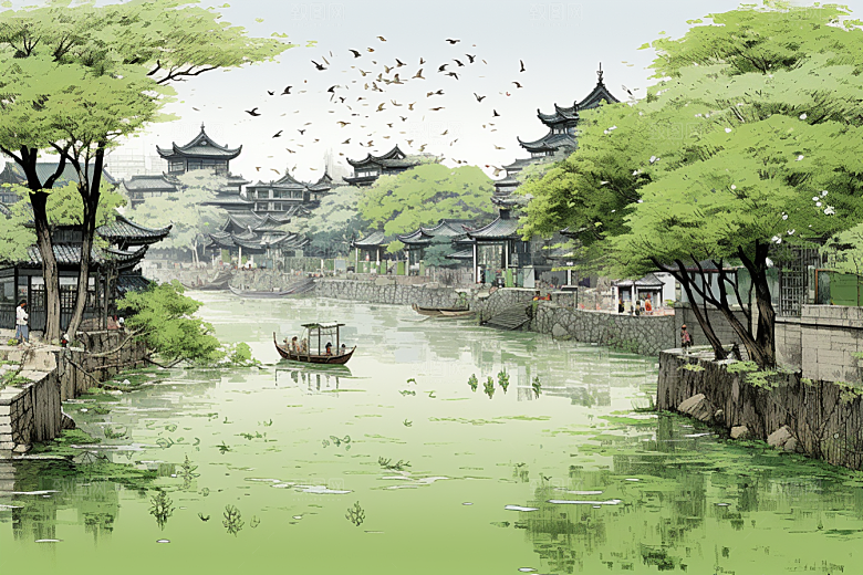 水墨江南小桥流水手绘插画