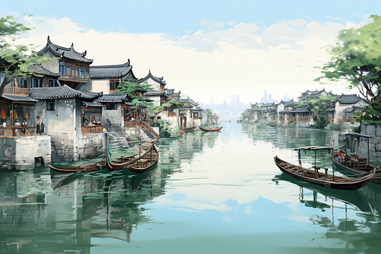 水墨江南小桥流水小镇插画