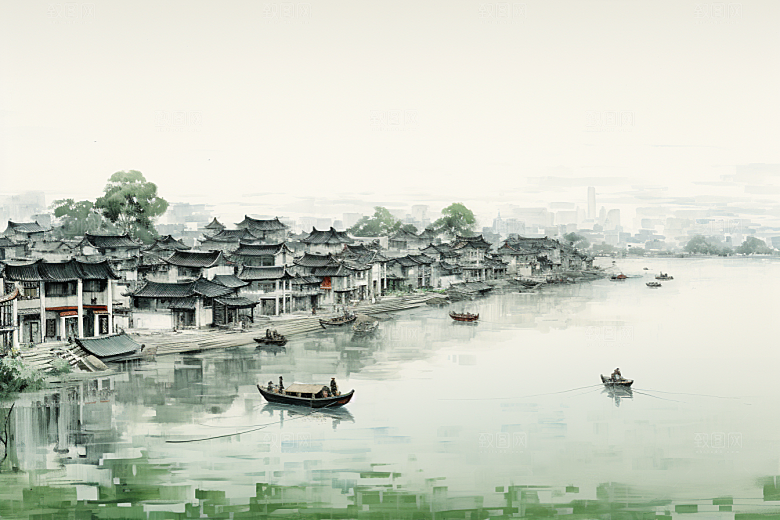 水墨江南水彩小镇插画
