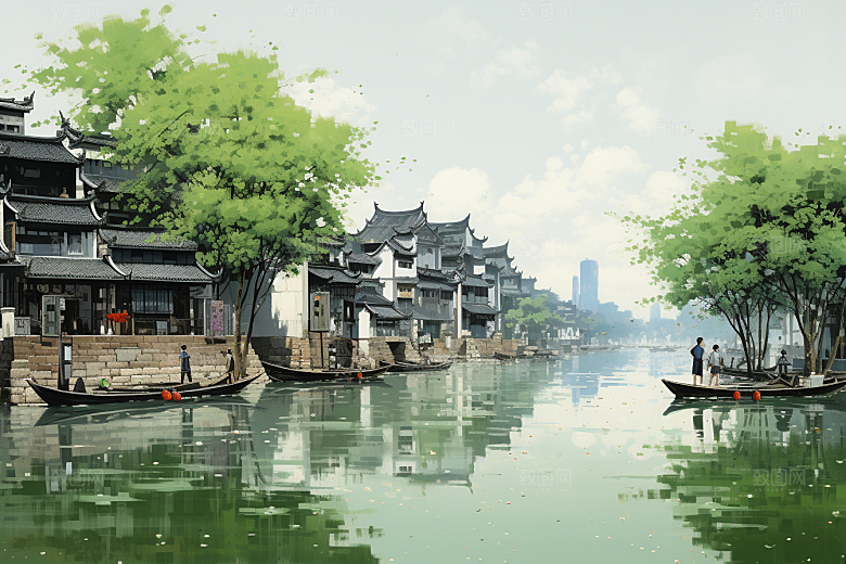 水墨江南手绘小桥流水插画