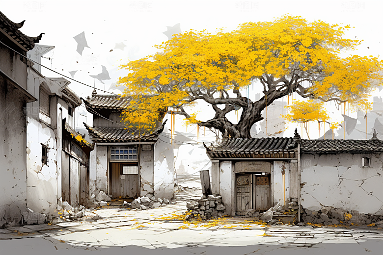 水墨江南中式水彩插画