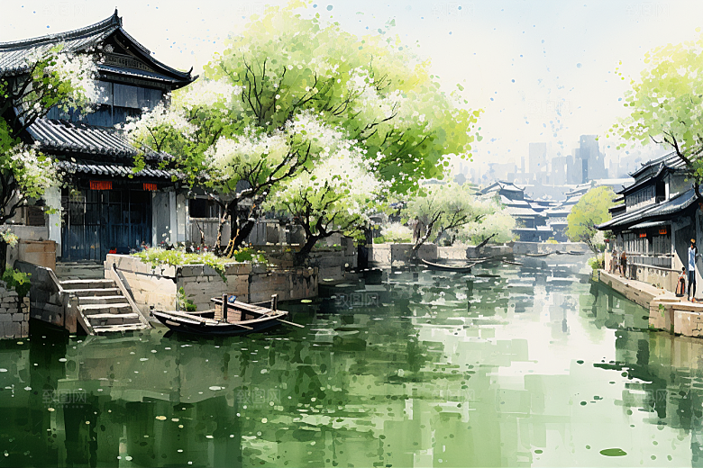 水墨江南手绘水彩插画