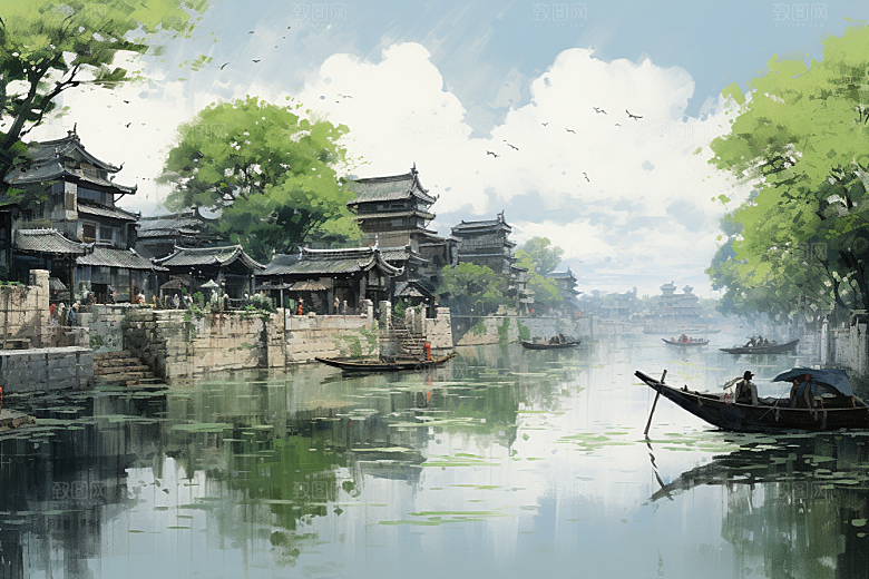 水墨江南小桥流水中国风插画