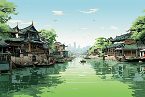 水墨江南粉墙黛瓦小镇插画