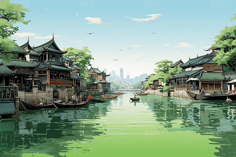 水墨江南粉墙黛瓦小镇插画