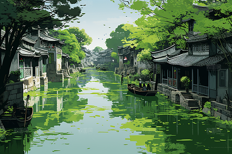 水墨江南晕染中式插画