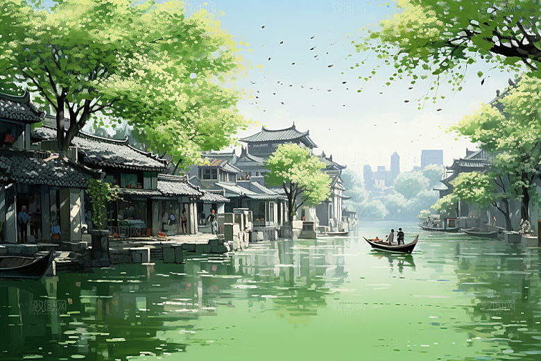 水墨江南粉墙黛瓦小桥流水插画