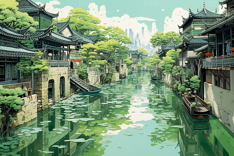 水墨江南晕染粉墙黛瓦插画