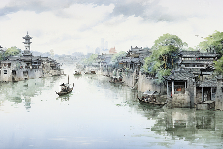水墨江南水彩粉墙黛瓦插画