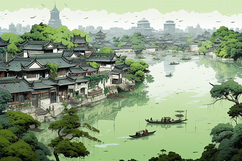 水墨江南小镇水乡插画
