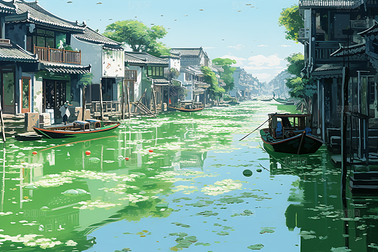 水墨江南晕染粉墙黛瓦插画