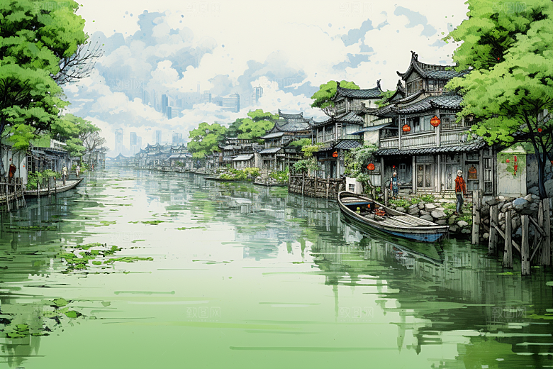 水墨江南水乡小桥流水插画