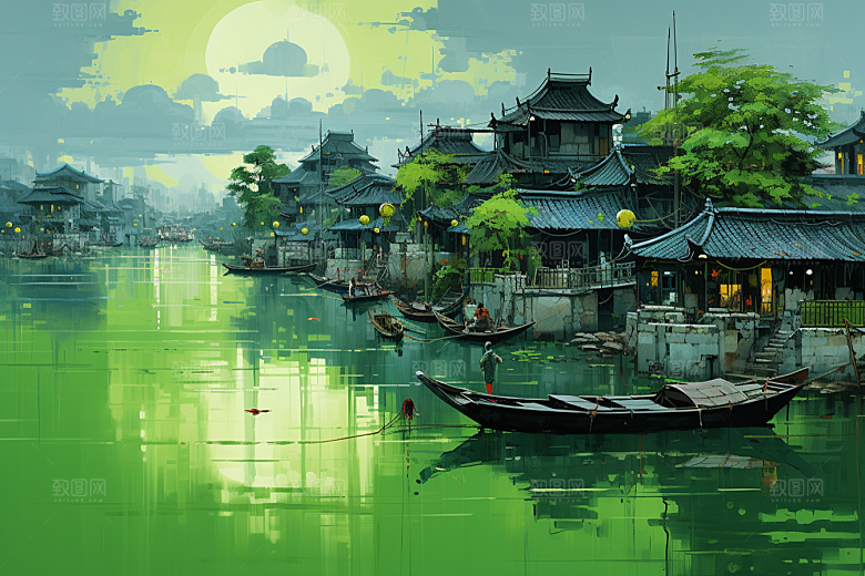 水墨江南水乡中式插画
