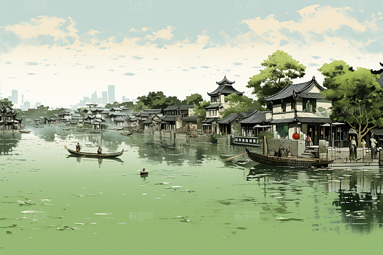 水墨江南中式水彩插画