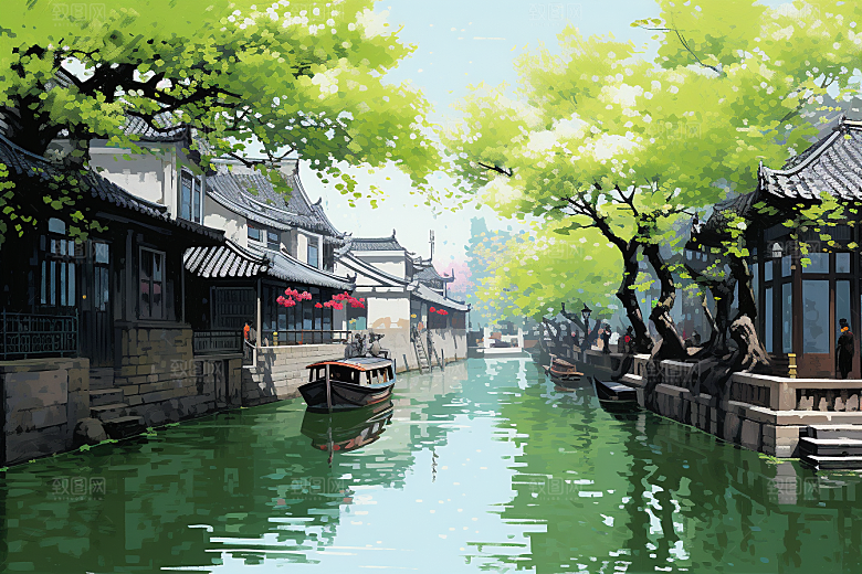 水墨江南晕染粉墙黛瓦插画