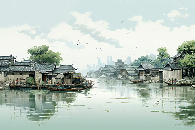 水墨江南水彩中国风插画