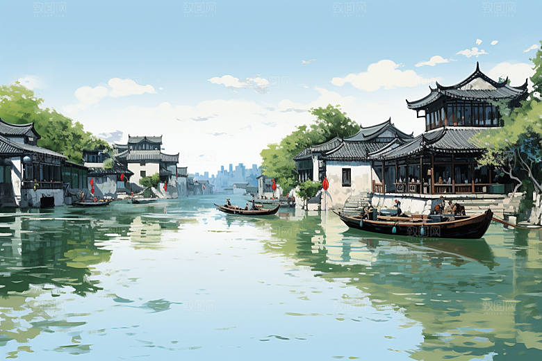 水墨江南水彩小桥流水插画