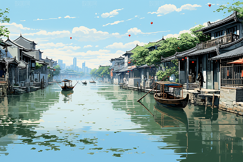 水墨江南小镇中式插画