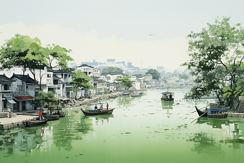 水墨江南中式粉墙黛瓦插画