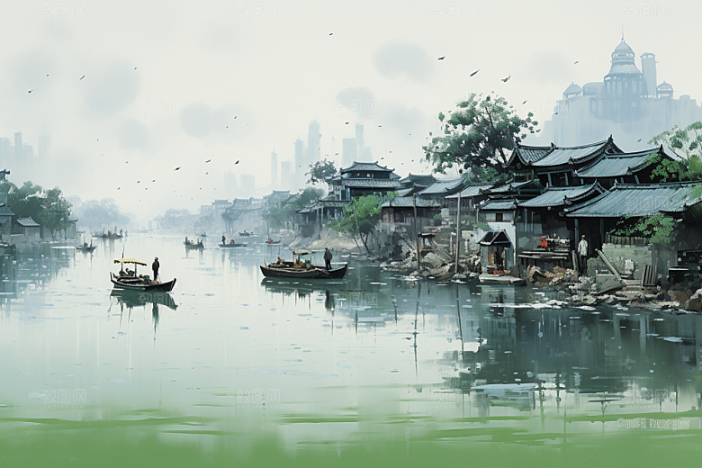 水墨江南水乡小桥流水插画