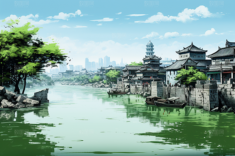水墨江南中式水乡插画