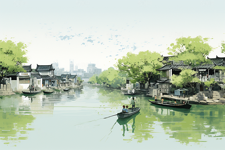 水墨江南粉墙黛瓦水彩插画