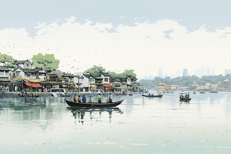 水墨江南粉墙黛瓦晕染插画