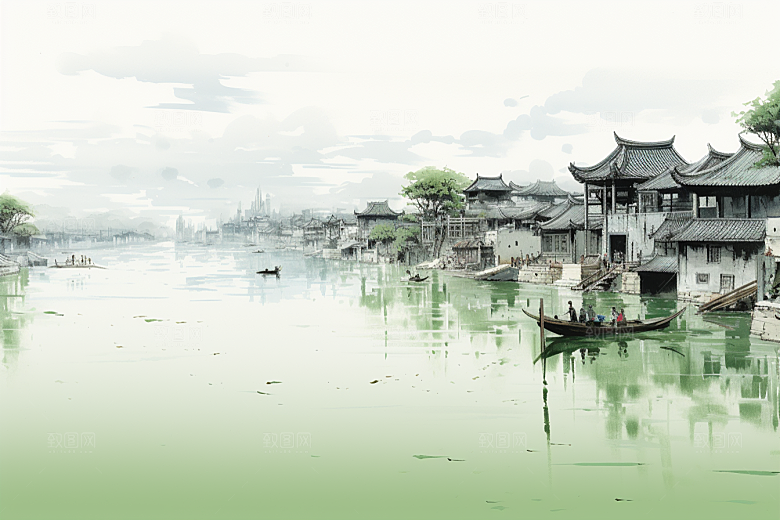 水墨江南粉墙黛瓦晕染插画