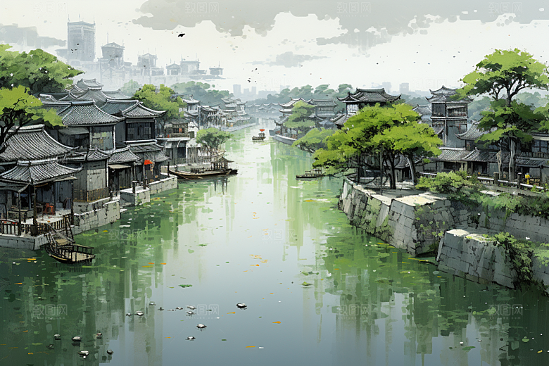 水墨江南水彩中国风插画
