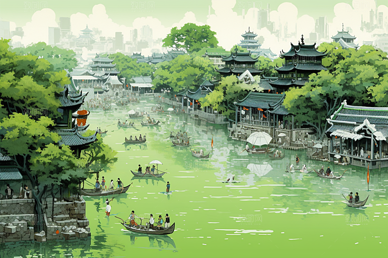水墨江南水乡粉墙黛瓦插画