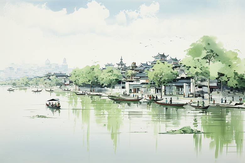 水墨江南手绘水乡插画